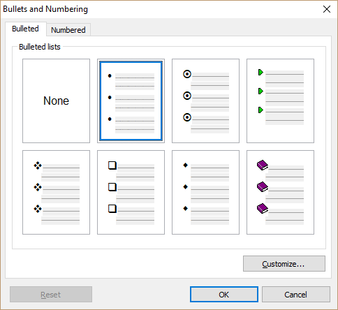 Bullets and numbering dialog